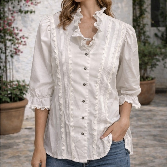 Tops - Alpen Trachten Women's White Ruffled Blouse